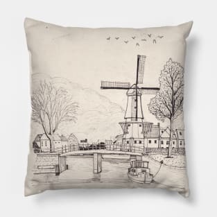 De Adriaan Windmill Haarlem Netherlands Pen Ink Travel Art Pillow