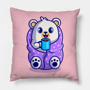 Cute Polar Bear Wearing Blanket And Drink Hot Coffee Cup Cartoon Pillow