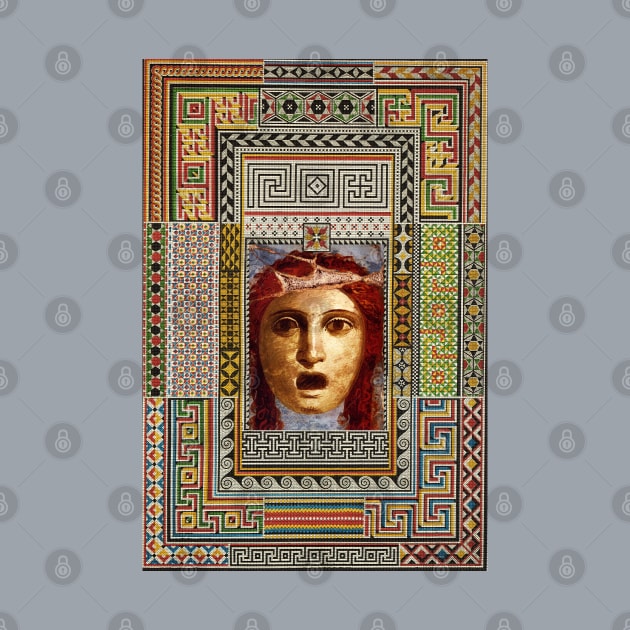 THEATER MASK,ANTIQUE ROMAN PAINTING WITH POMPEII MOSAICS PATCHWORK by BulganLumini