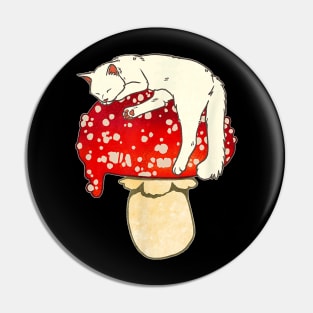 Cute White Cat Sleeping On Red Spotted Mushroom Pin