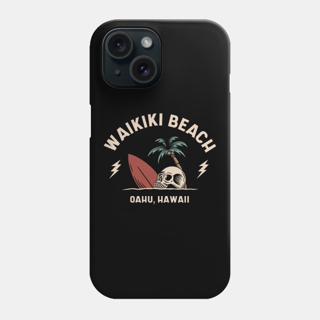 Vintage Surfing Waikiki Beach Oahu Hawaii // Retro Surf Skull Phone Case by Now Boarding