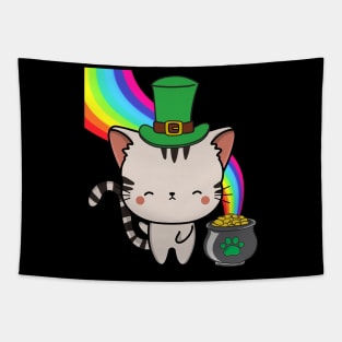 Funny Tabby Cat celebrates st patrick's day Tapestry