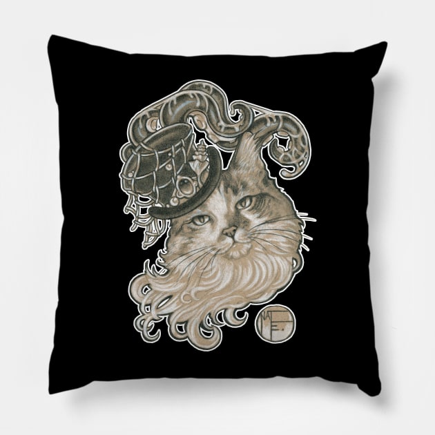 Kitty in a Tentacle Top Hat - White Outlined Version Pillow by Nat Ewert Art