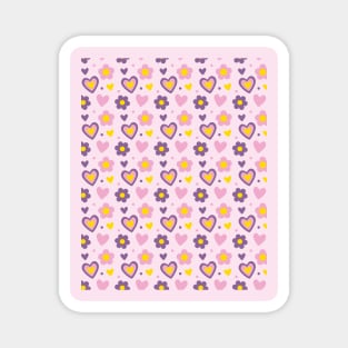 Retro Flowers and Hearts Pattern Pink, Purple Magnet