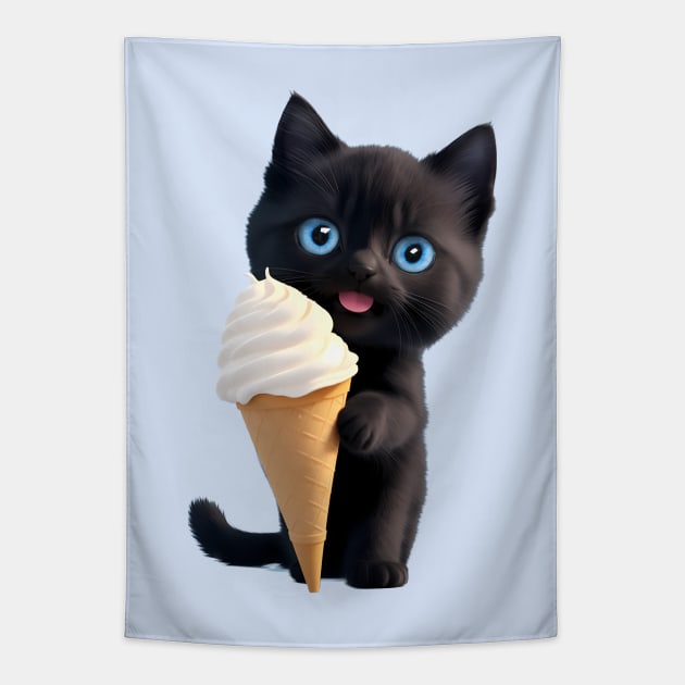 Cute Kitten's Ice Cream Delight Tapestry by BrisaArtPrints