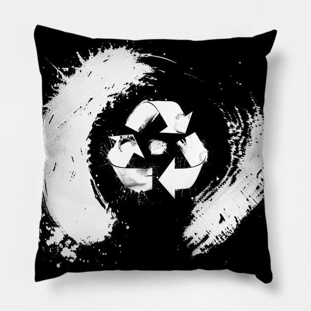 Earth Day: The Recycle Logo in the center of a Japanese Sumi Brush Enso (eternal circle)  on a Dark Background Pillow by Puff Sumo