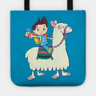 boy student riding a llama Tote