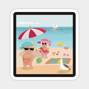 Vacation mood on - two cute kids having a sunny happy day on the beach, no text Magnet