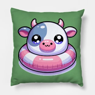 Kawaii Cow on a Pool Float Pillow