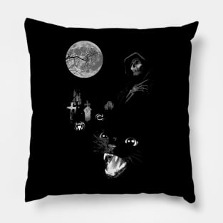 Spooky Moon Halloween Cemetery with Black Cat, Tombstones and Grim Reaper Pillow