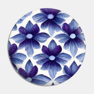 Vintage looking purple and blue flowers on a white background. Pin