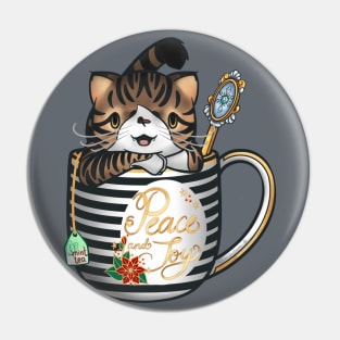 “Peace and Joy” Spice the tabby cat in a teacup keeping warm for the holidays Pin