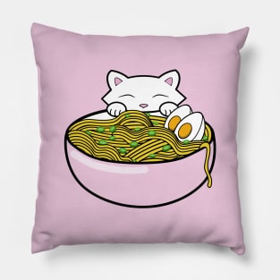 Funny cat eating yummy ramen noodles Pillow