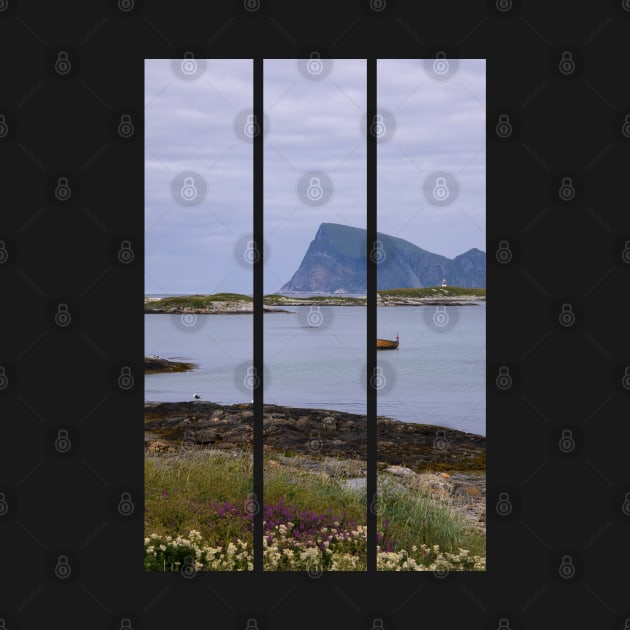 Wonderful landscapes in Norway. Nordland. Beautiful scenery of a boat and a lighthouse on the Sommaroya island. Sea, seagulls and mountain in the background (vertical) by fabbroni-art