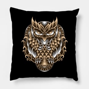 Artwork Illustration Unique Gold Owl With Engraving Pillow