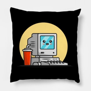 Cute Old Computer Desktop with Coffee Cartoon Vector Icon Illustration Pillow