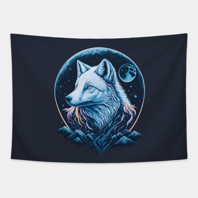 White Arctic Fox at Night Time Tapestry by ElMass