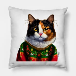 Cat  Wearing Christmas Sweater Pillow