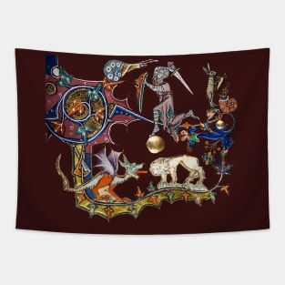 WEIRD BESTIARY,MEDIEVAL KNIGHT FIGHTING SNAIL,DRAGON AND LION IN RED BROWN Tapestry