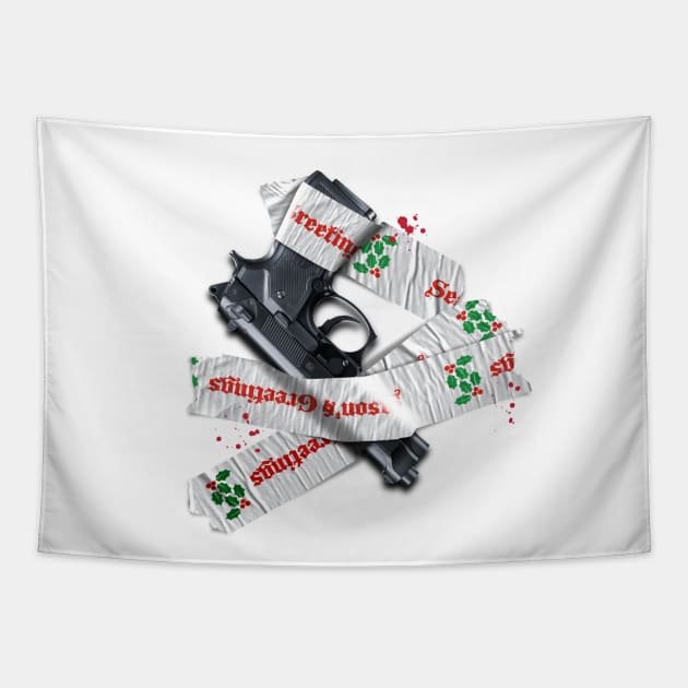 Die Hard – Gift Wrapped Gun Tapestry by GraphicGibbon