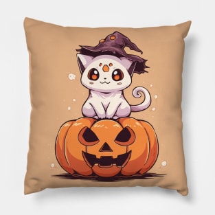 Cat ghost sitting on a pumpkin Pillow