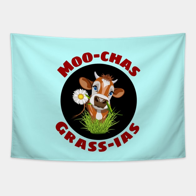 Moo-chas Grass-ias | Cow Pun Tapestry by Allthingspunny