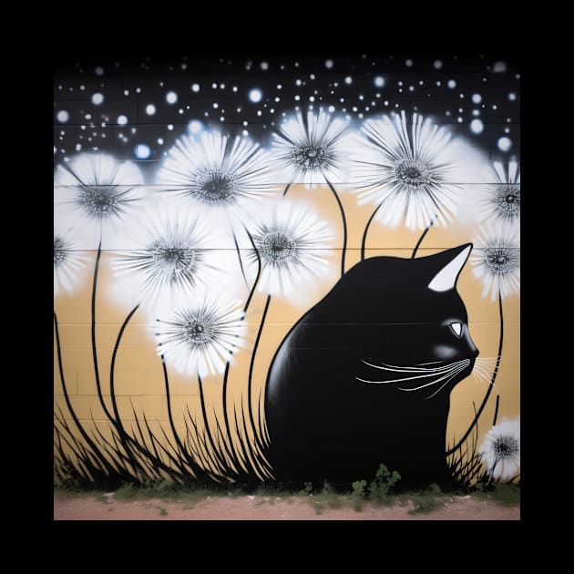 Street art cat with dandelions by Purple Dewdrop Designs