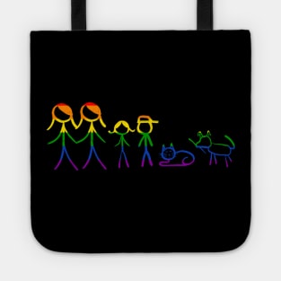 Lesbian family in rainbow colors, with children, cat and dog Tote