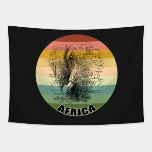 Elephant Face on Vintage Africa Map Against Retro Sunset Tapestry