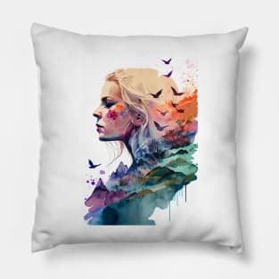 Double Exposure of Woman in Nature Pillow