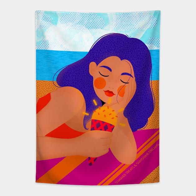 Summer girl at the beach with sunny ice cream, version 1 Tapestry by iulistration