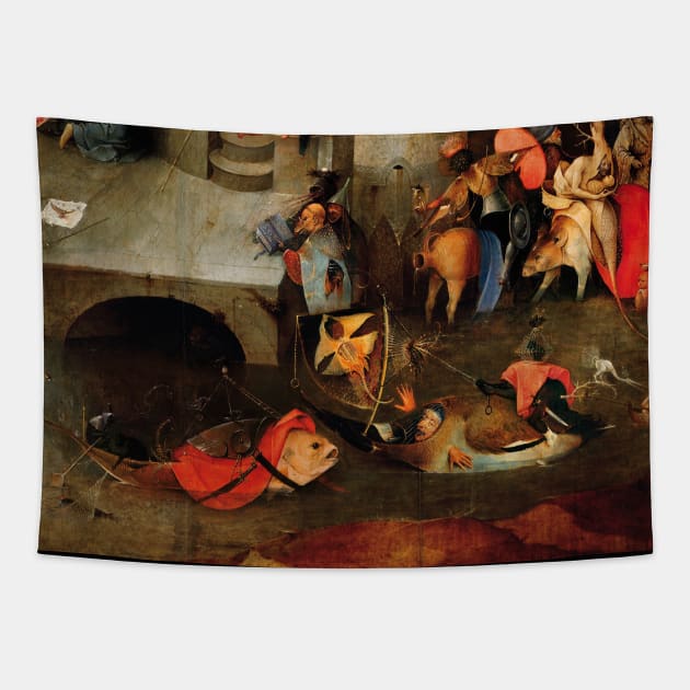 WEIRD FISH BOATS ,FISHERS IN THE DARK WATERS from Triptych of the Temptation of St. Anthony by Hieronymus Bosch Tapestry by BulganLumini