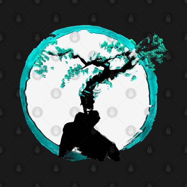 ocean teal tree of life on a enso circle - Sumi inspired Bonsai tree by Trippy Critters