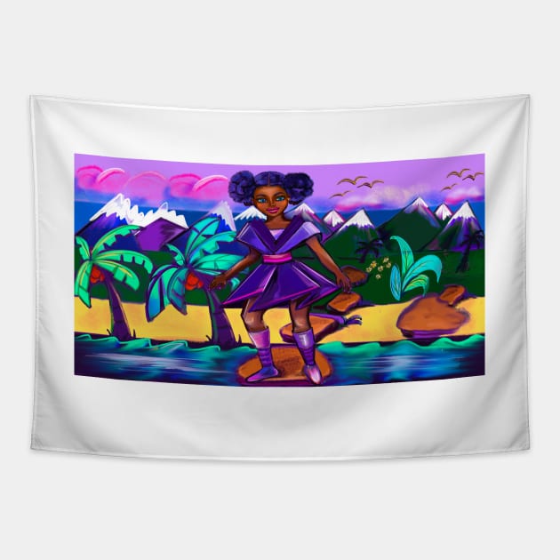 Anime girl with two puffs. Black afro anime girl in purple fantasy scene ! beautiful  black girl with Braided hair, blue eyes, Cherry pink lips and dark brown skin. Hair love ! Tapestry by Artonmytee