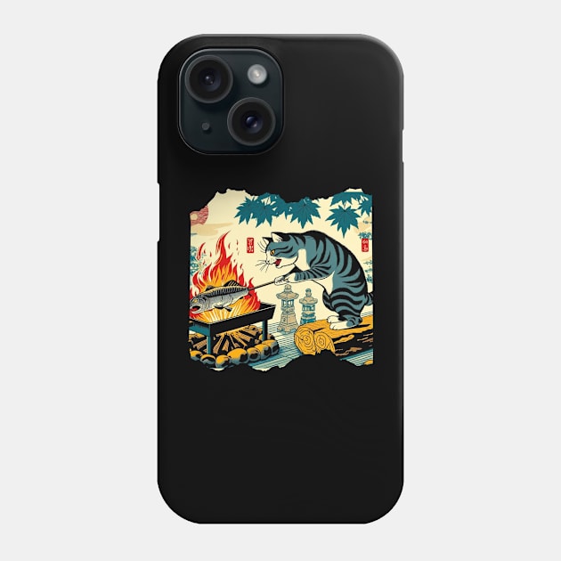 Kitten Grill Humor Fish Roasting Japanese Art Survival Cat Phone Case by Willie Biz Merch