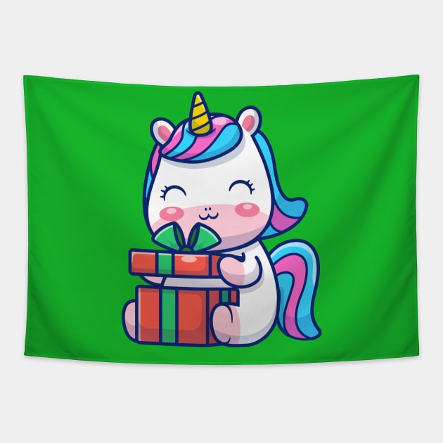 Cute Unicorn Holding Gift Cartoon Tapestry by Catalyst Labs