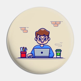 Man Working On Laptop With Coffee And Stationary Pin