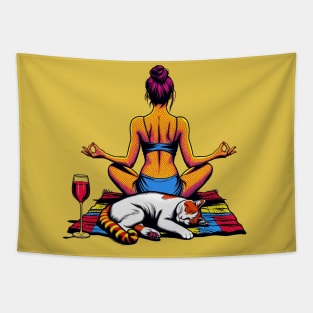 Woman Cat Wine Meditation Tapestry