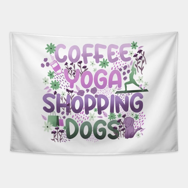 Coffee Yoga Shopping Dogs in Purple-Green Tapestry by Booneb