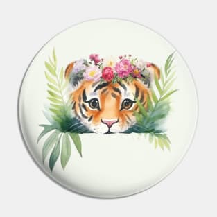 Cute Baby Girl Tiger With Floral Crown Pin