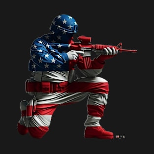 American Military Soldier and USA Flag by focusln T-Shirt