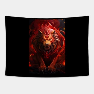 The King Lion In Glowing Red Fire Tapestry