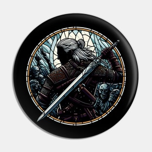 Stained Glass Monster Slayer Fights Undead - Dark Fantasy Pin