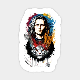 colorful graphic illustration man and angry tiger cats Magnet