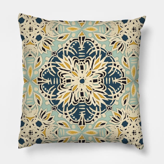 Protea Pattern in Deep Teal, Cream, Sage Green & Yellow Ochre Pillow by micklyn