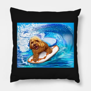 Cavapoo surfing puppy dog #002   - cavalier king charles spaniel poodleq, puppy love Pillow