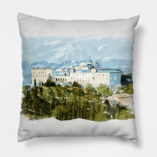 Montecassino Abbey in the Italian Mountains Watercolour Painting Pillow