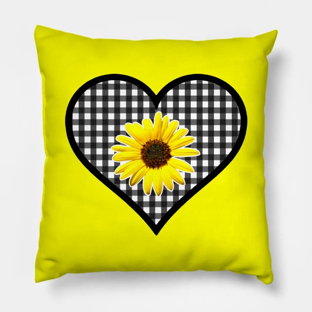 Black and White Gingham Heart with Yellow Daisy Pillow by bumblefuzzies