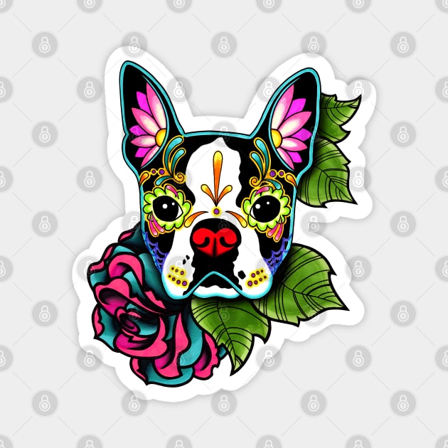 Boston Terrier in Black - Day of the Dead Sugar Skull Dog Magnet by prettyinink