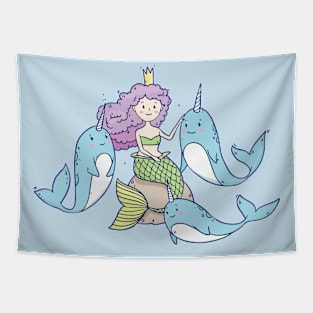 Fairy Little Mermaid and Narwhals Tapestry